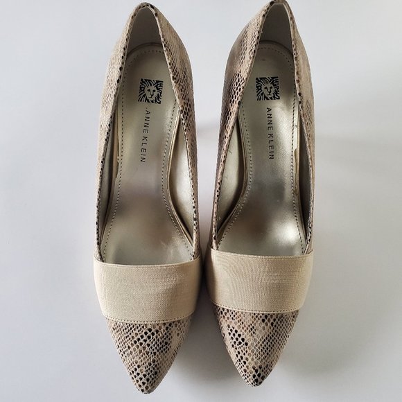ANNE KLEIN Faux Snakeskin Shoes Stretch Band Brown Wood Stiletto Heel Women's 8 - Picture 3 of 12